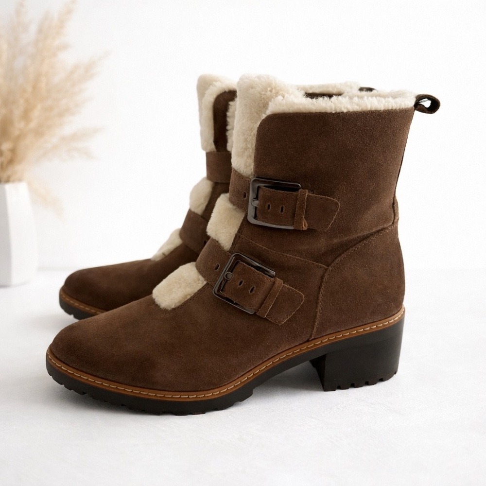 Naturalizer Tristan Brown Suede Faux Fur‎ Lined Buckle Moto Boots Womens 9M